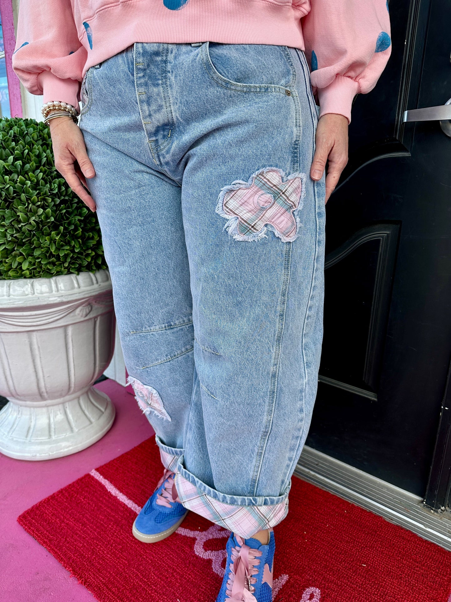 Denim Floral Plaid Barrel Jean