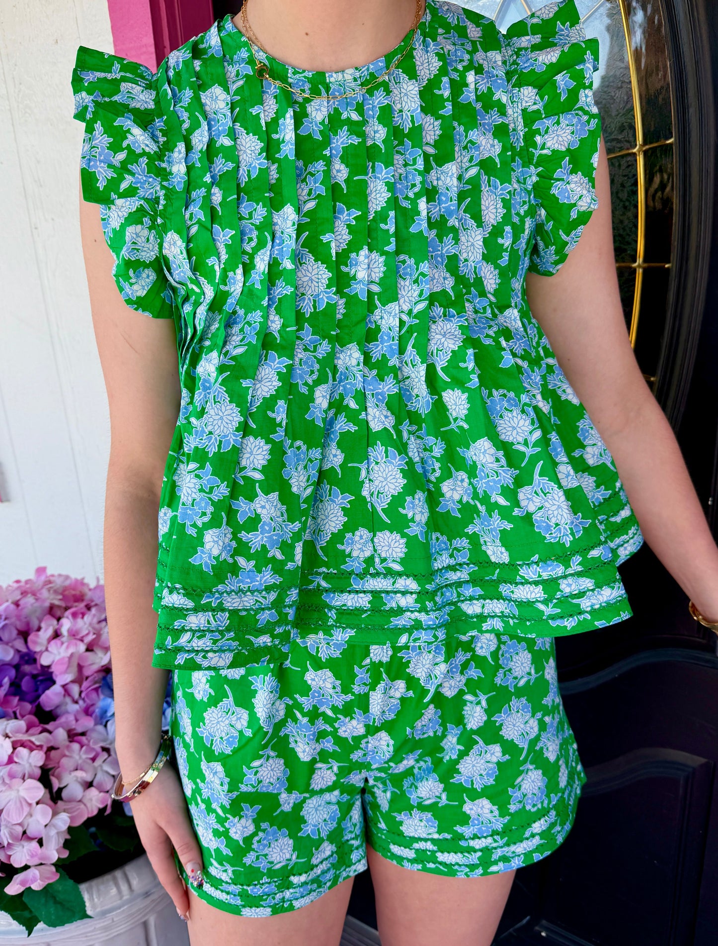 Green Floral Flutter Top & Short Set
