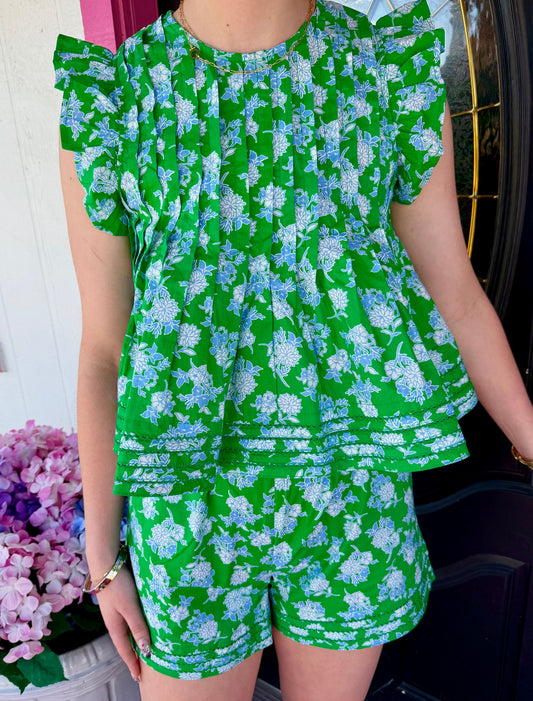 Green Floral Flutter Top & Short Set