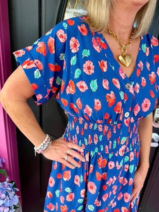 Indigo Floral Elastic Waist Midi