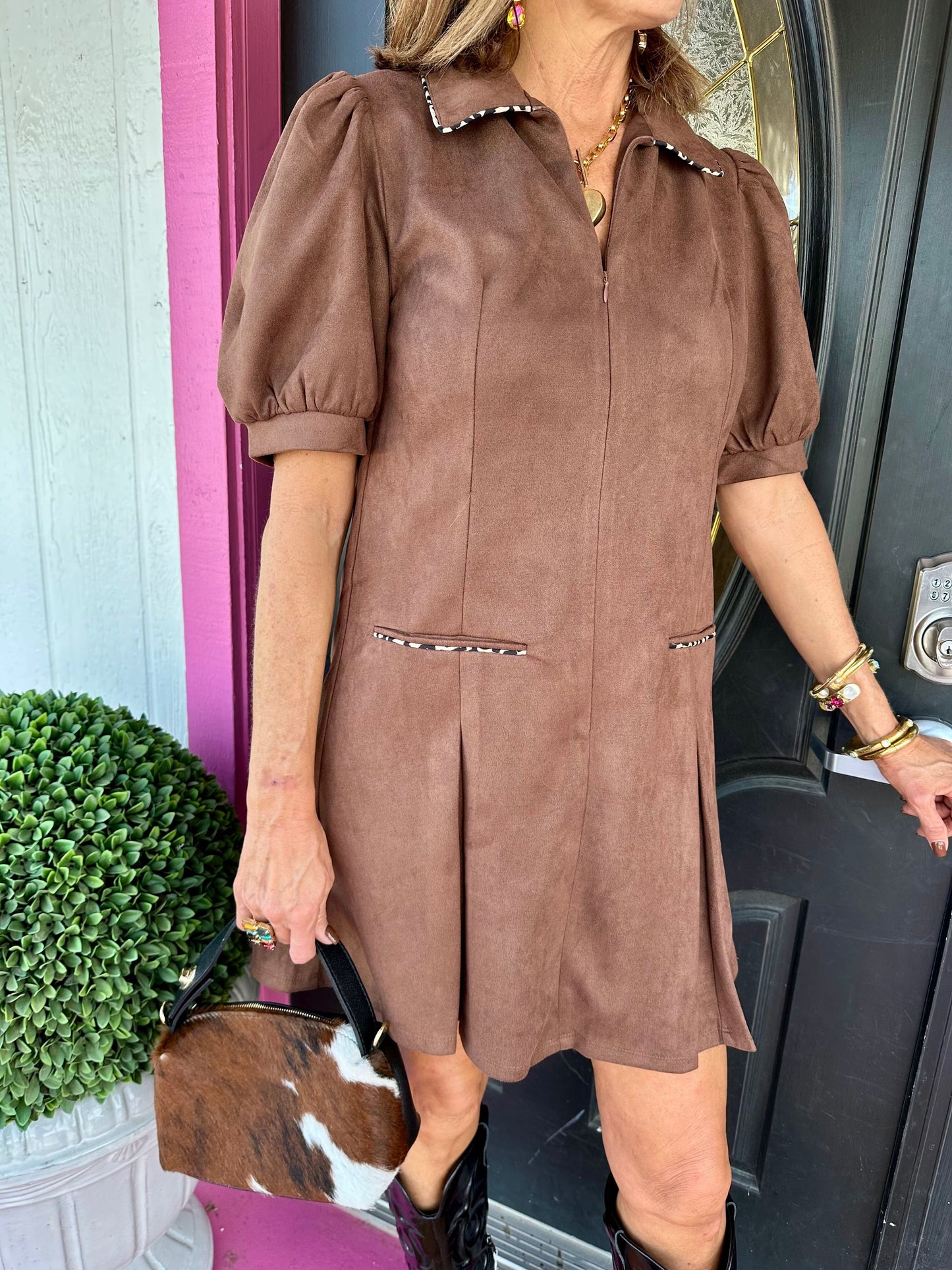 Brown Suede SS Mini Dress
