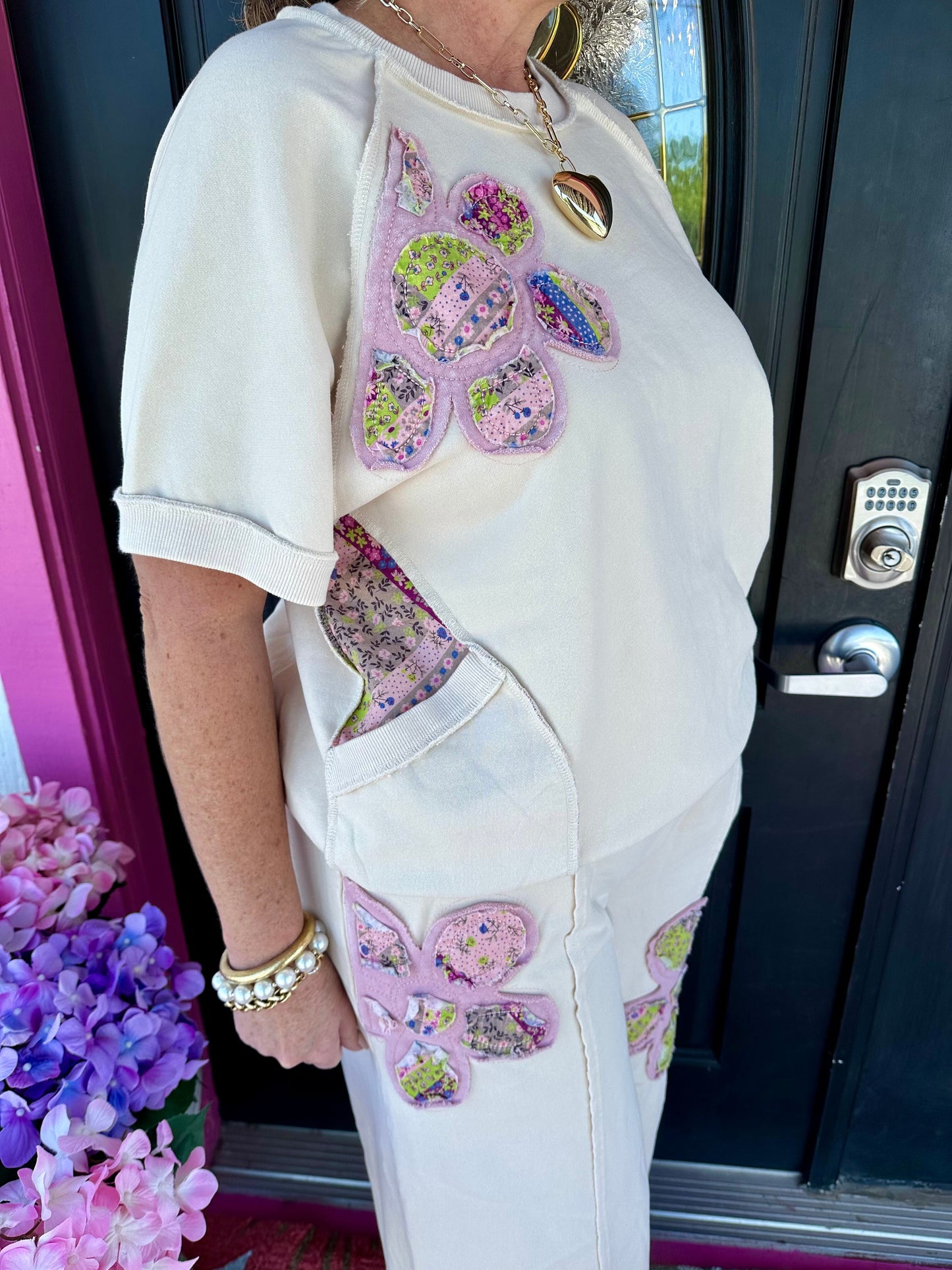 Ecru Flower Patch Pant Set