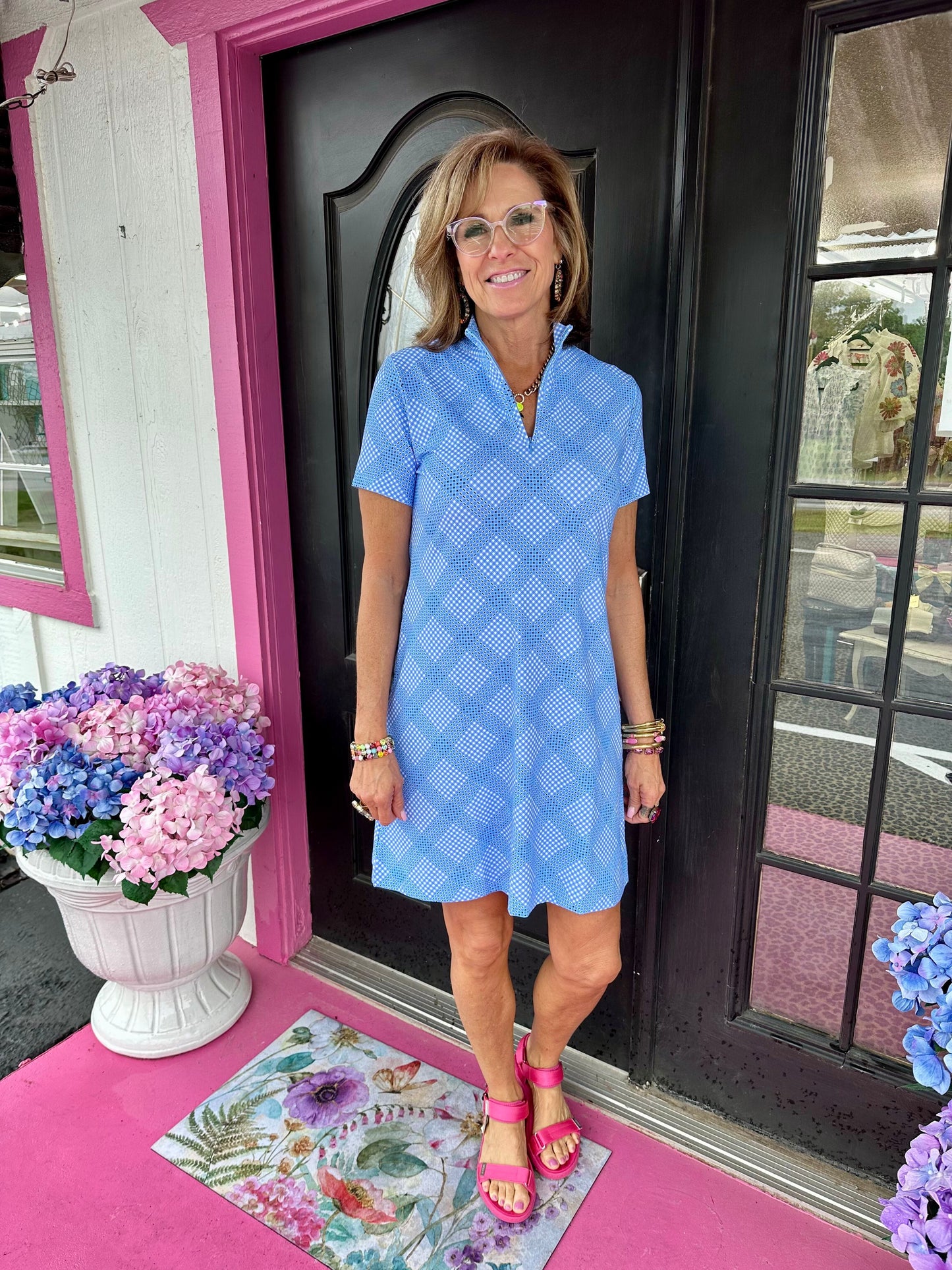 Blue Checkered Zip SS Dress