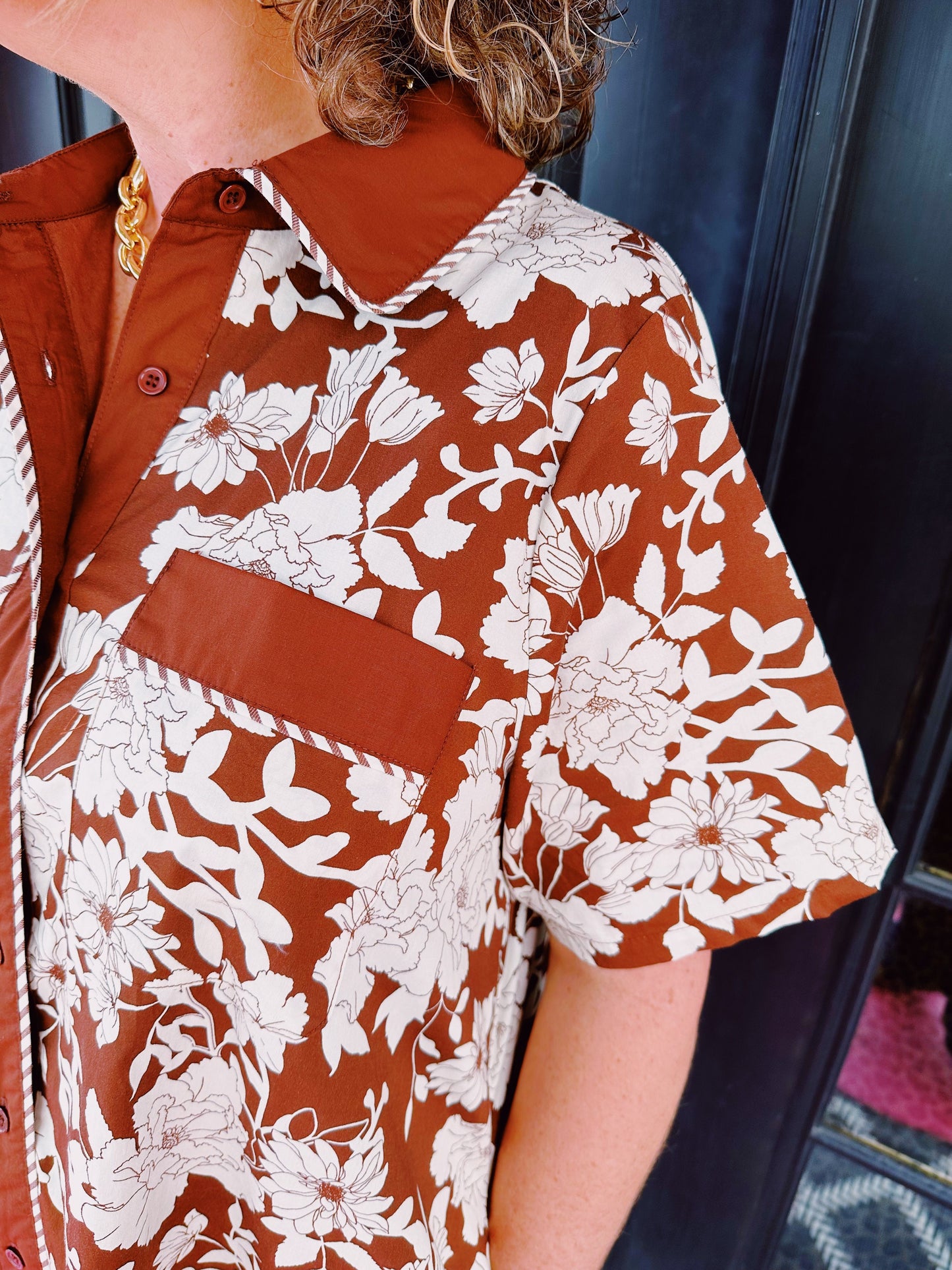 Brown Floral Button SS Dress