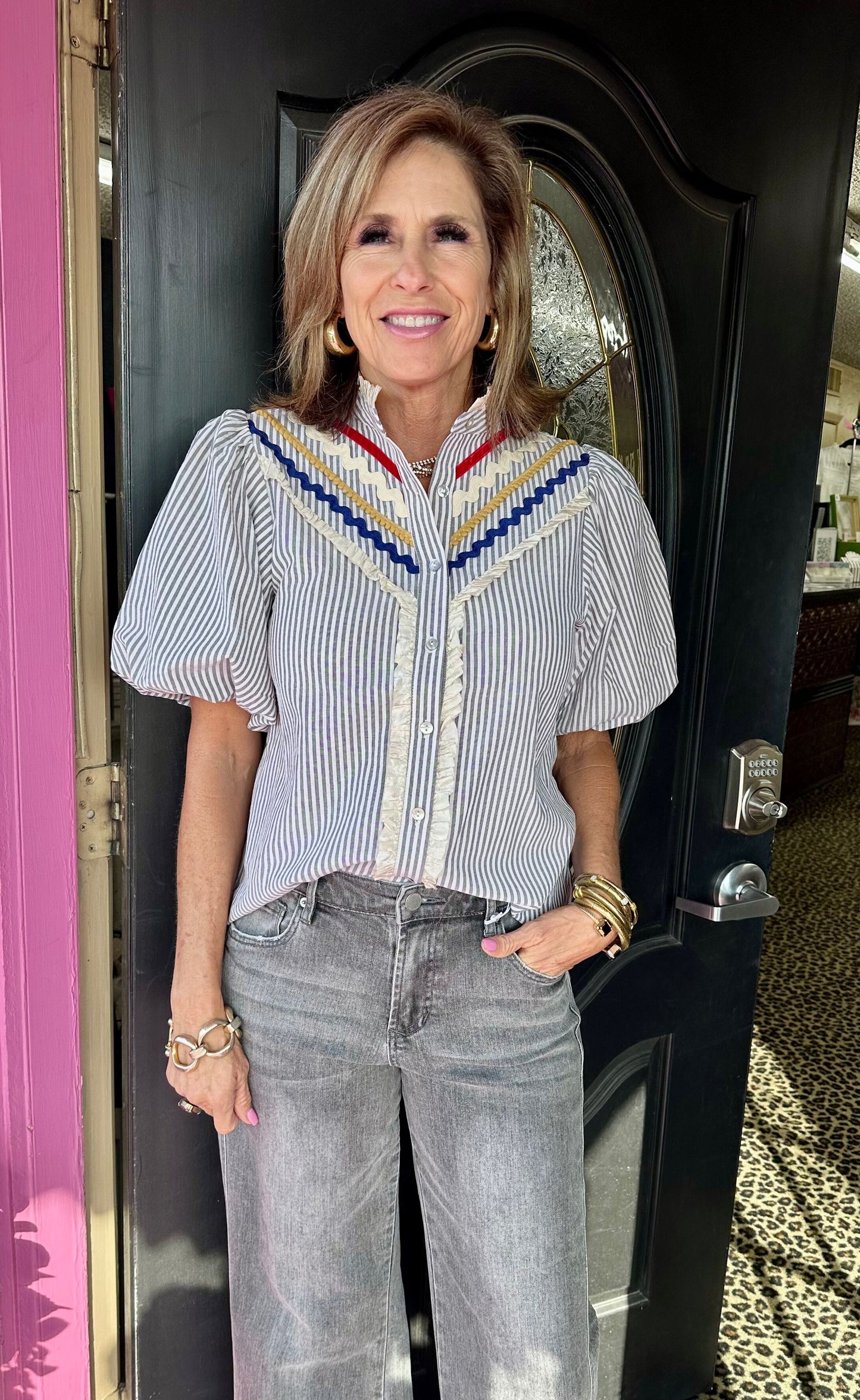 Grey Striped Puff Mixed Trim Top