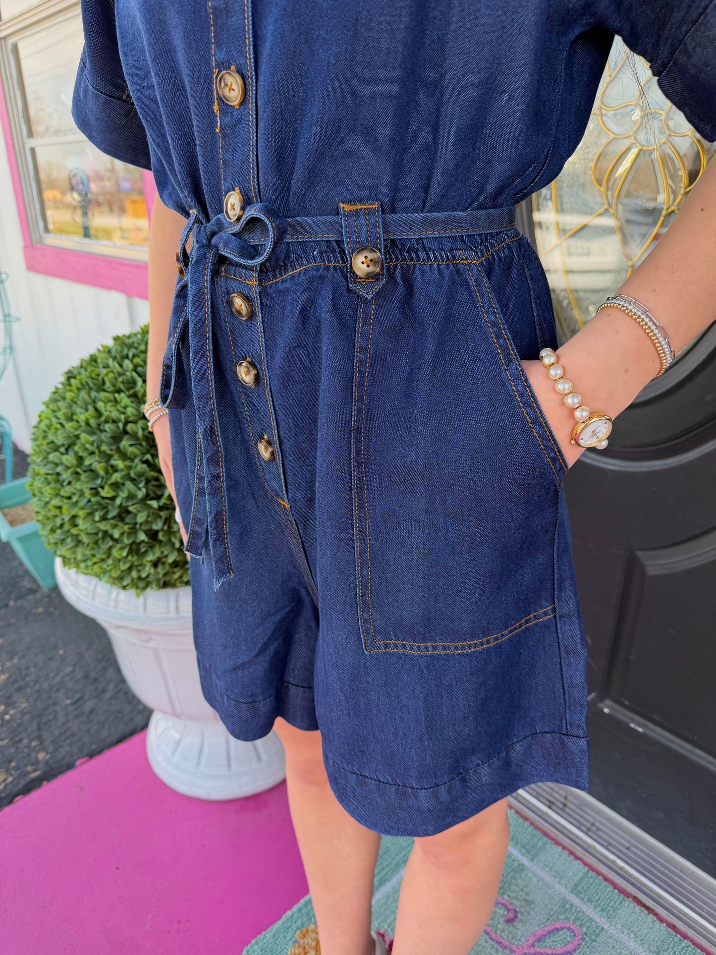 Mariselle Belted Denim Romper