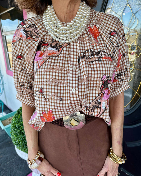 Brown Gingham Cowgirl Button Up
