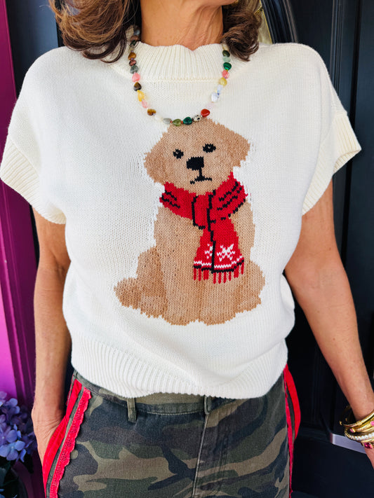 Cream Mock Neck Vest w/Puppy