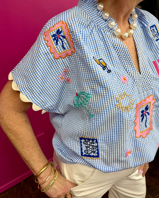 Blue Gingham SS Embroidery Top