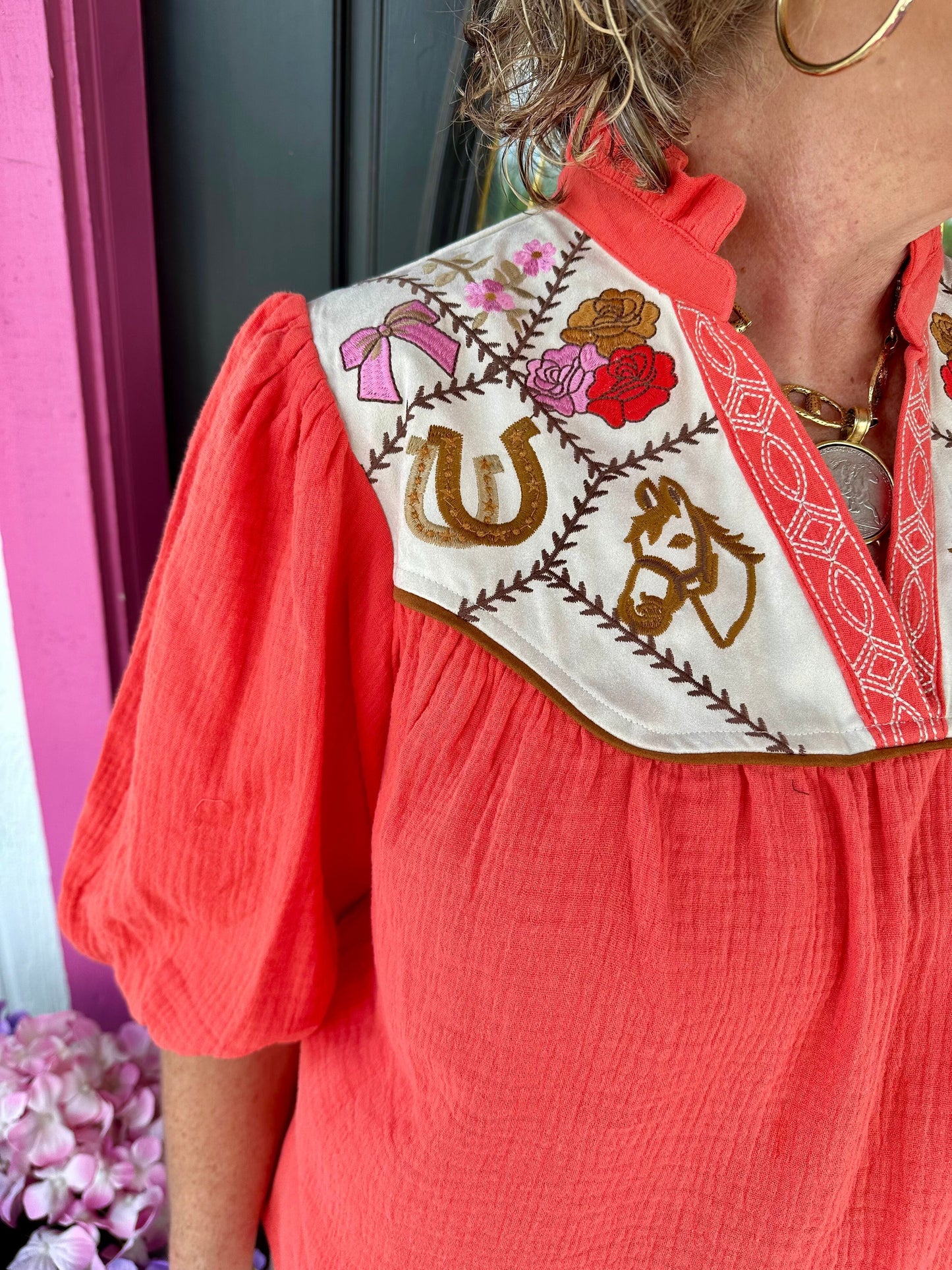 Orange Western Puff Sleeve Top
