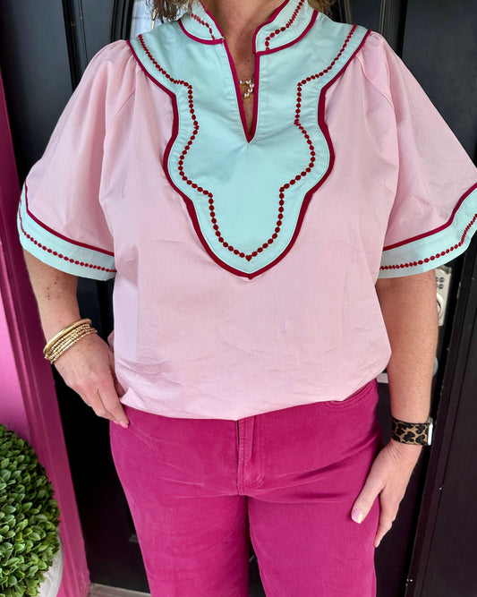 Pink Mint Wide Slv V-Neck Top