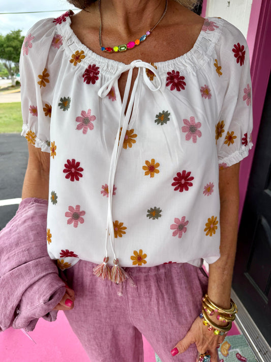 White With Flowers SS Tie Top