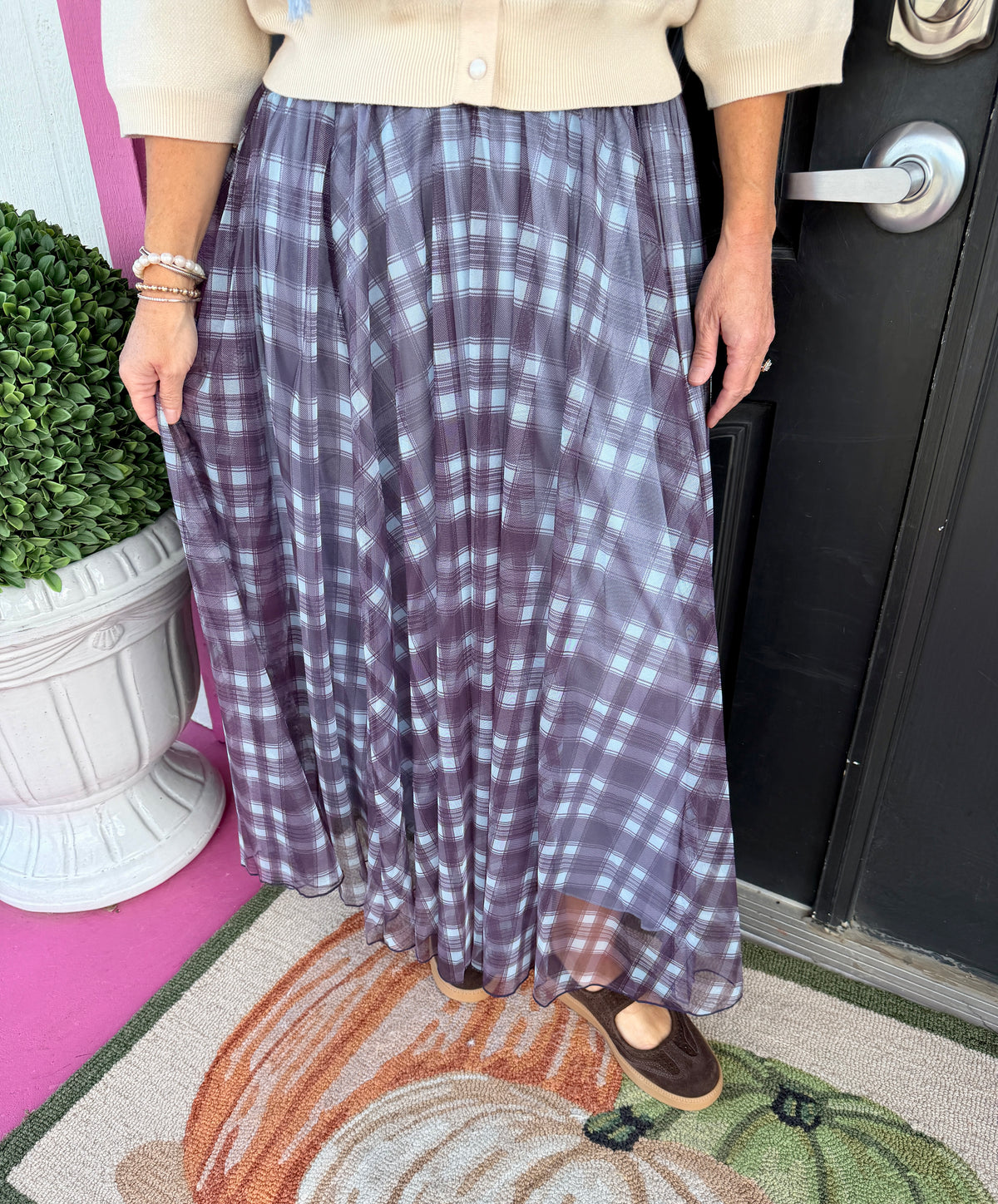 Wine & Blue Sheer Plaid Skirt