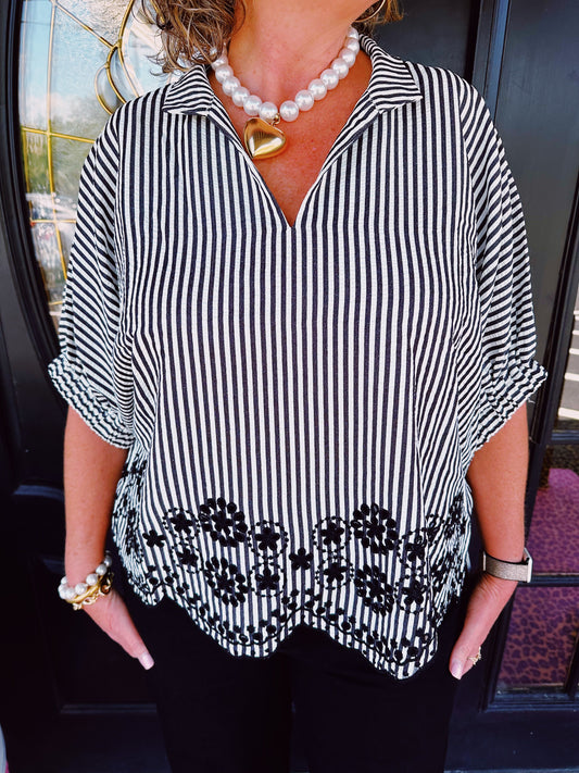 Blk Striped SS Scallop Hem Top