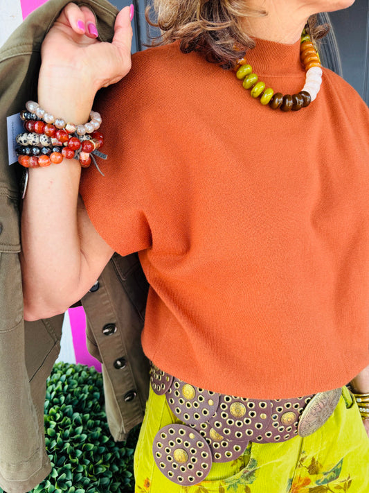Bronze Mock Neck SS Knit Top