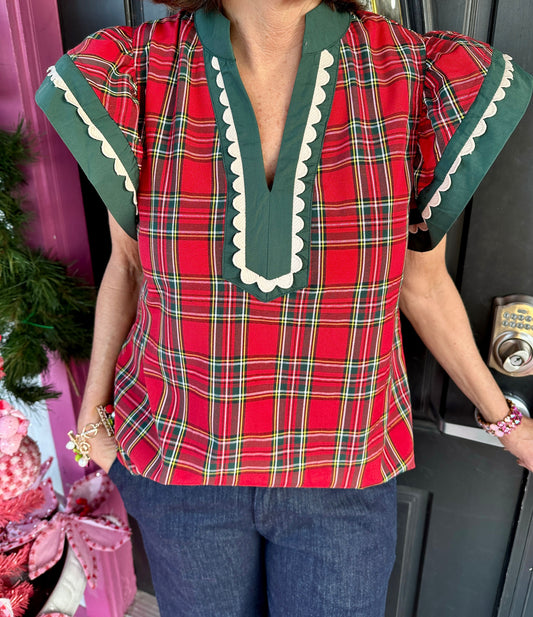 Red Plaid Green Trim Flutter Top