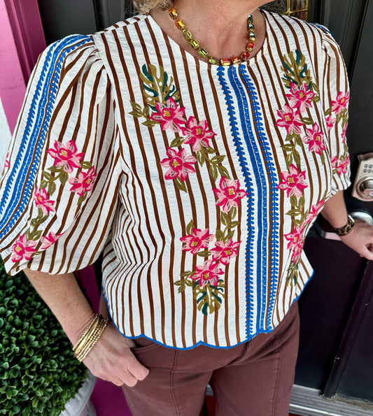 Brown Striped Embroidery Top