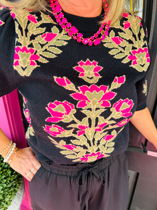 Black SS Sweater w/Pink&Grn