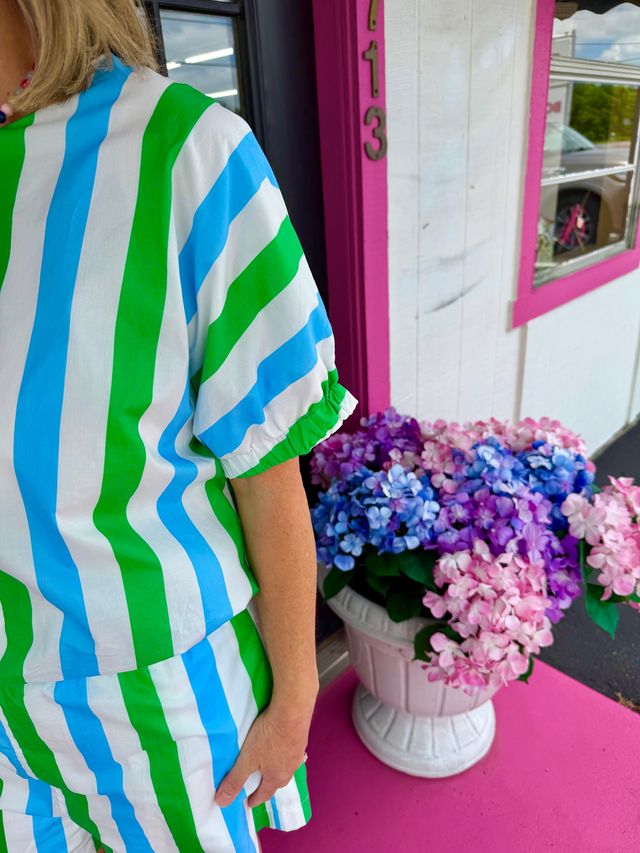 Blue & Green Stripe Short Set