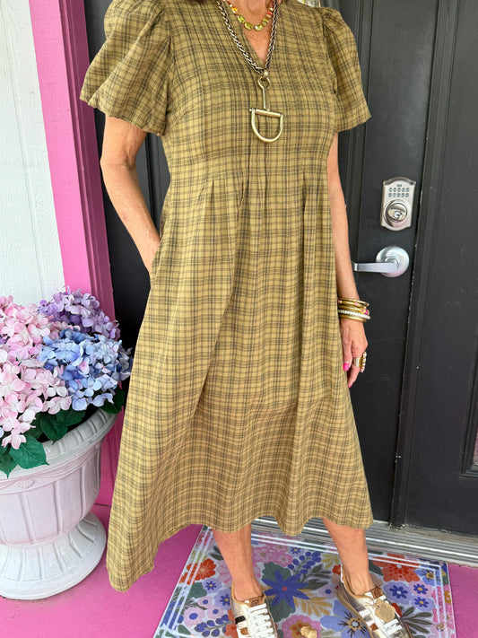 Olive Plaid V-Neck Maxi Dress