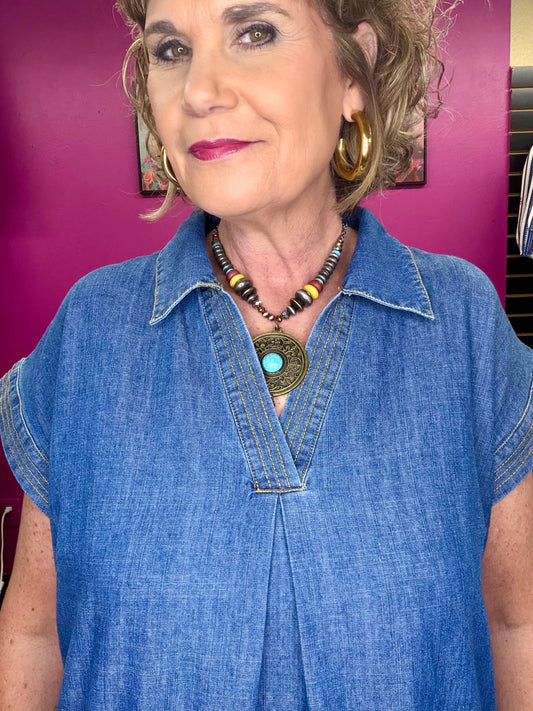 Denim Collar V-Neck Midi