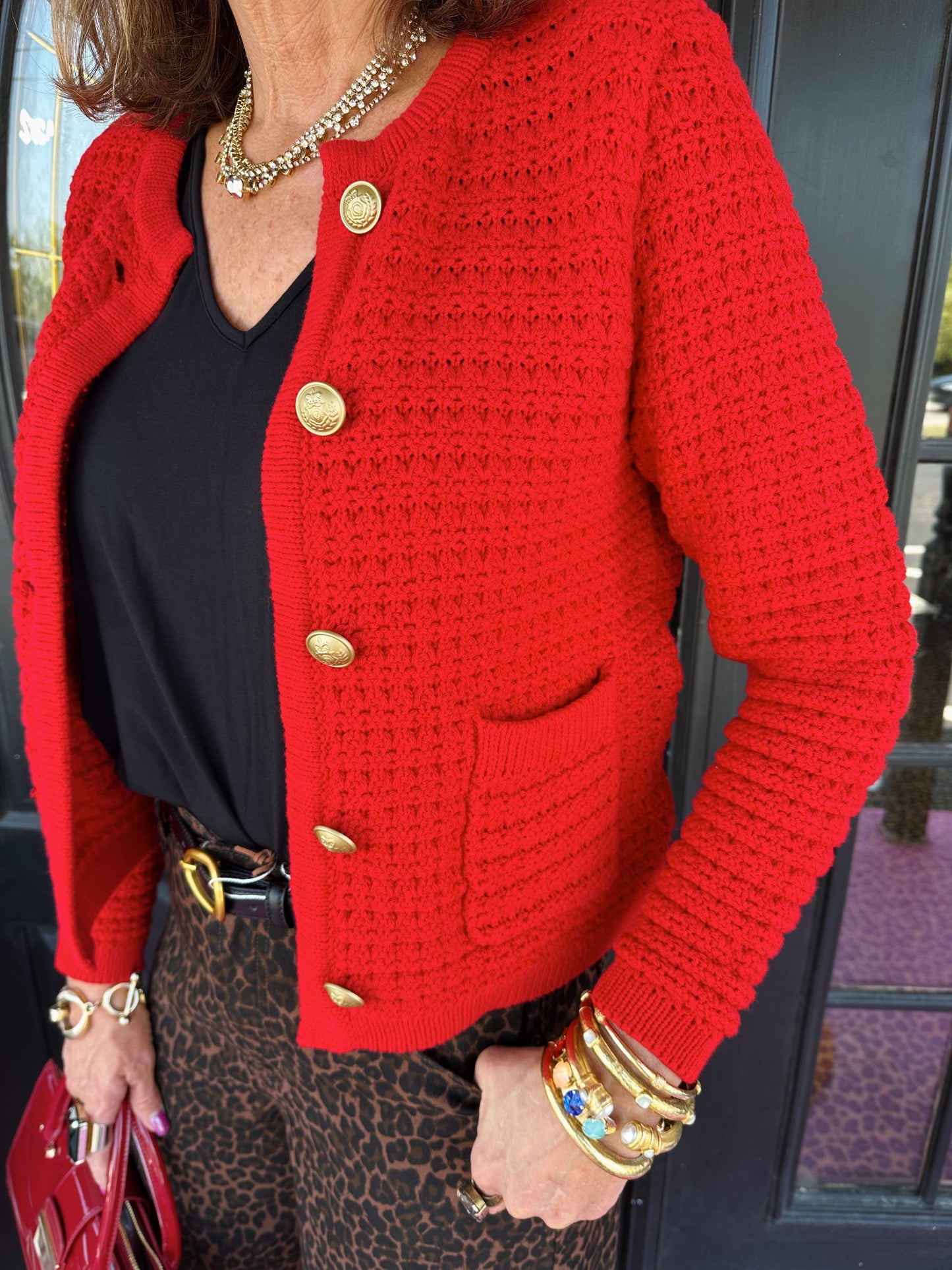 Cambria Salsa Red Button Sweater