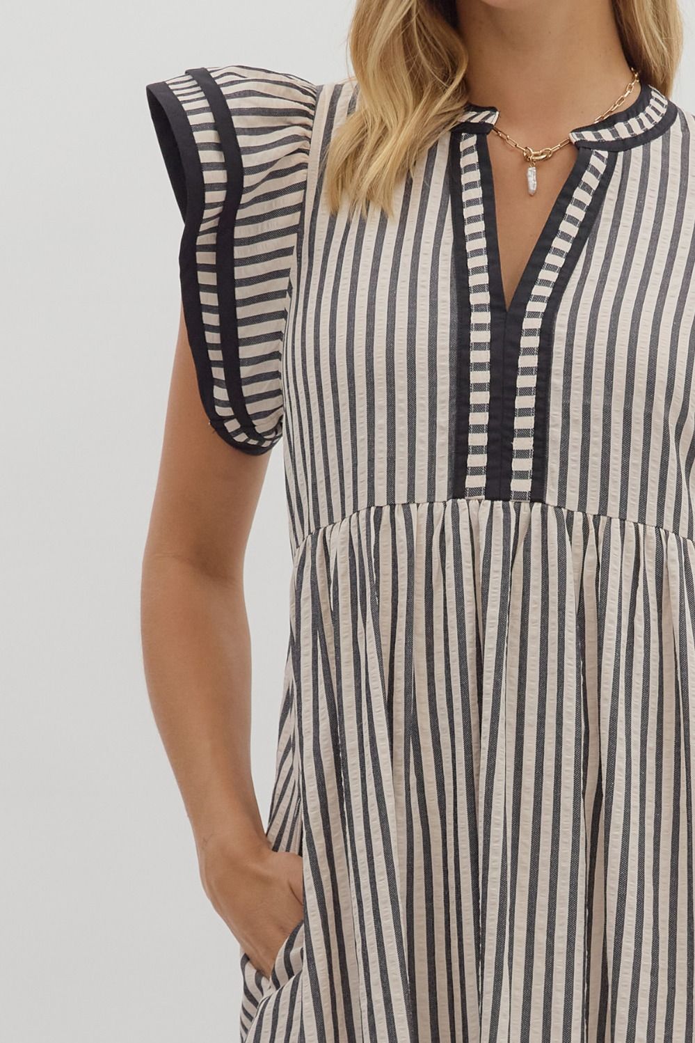 Black Stripe V-Neck Midi Dress