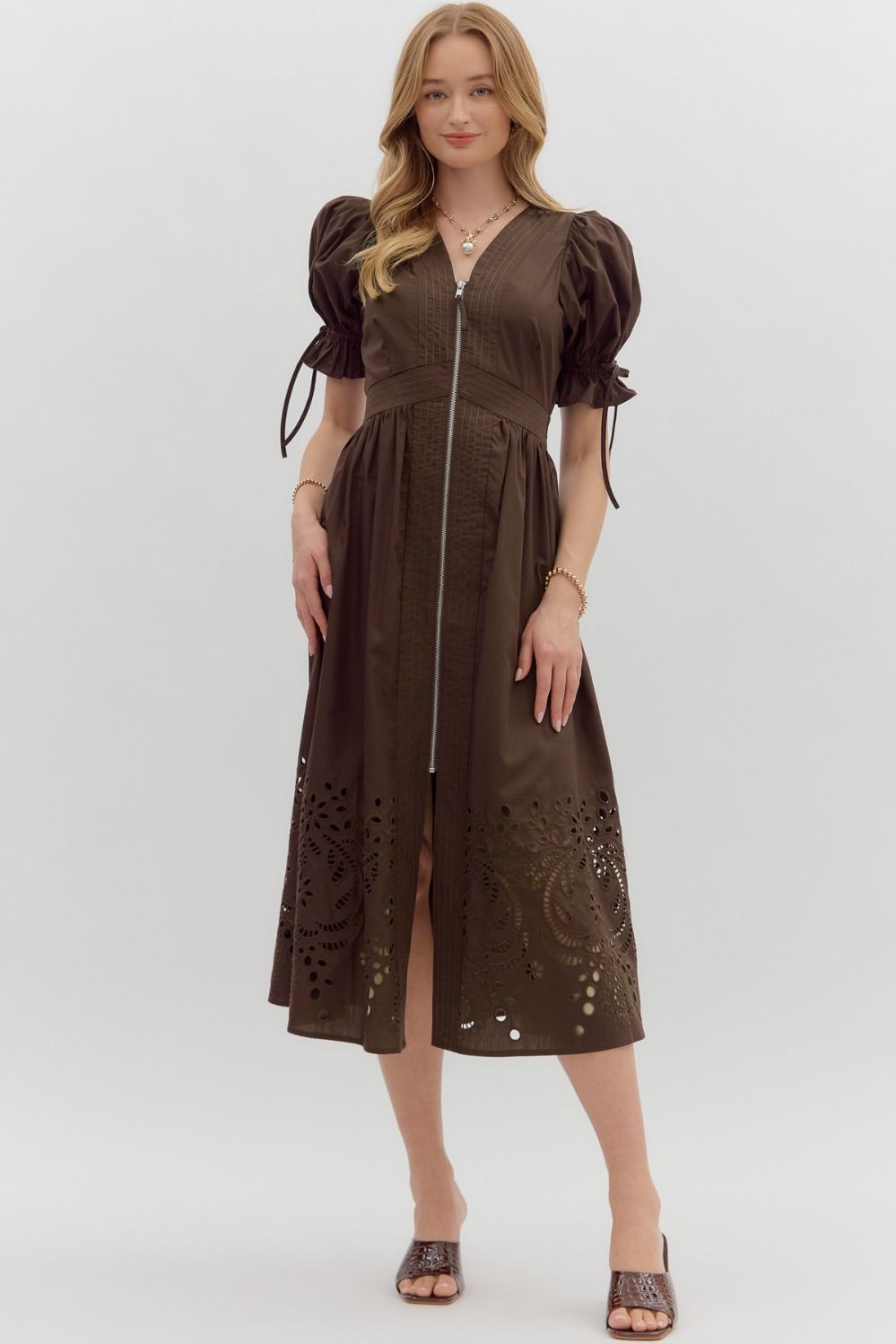 Brown Emb Hem Midi Dress