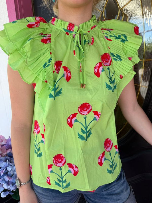 Apple Green Floral Tie Top
