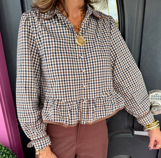 Brn LS Gingham Top