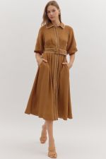 Camel Stitched Belted Midi Dress