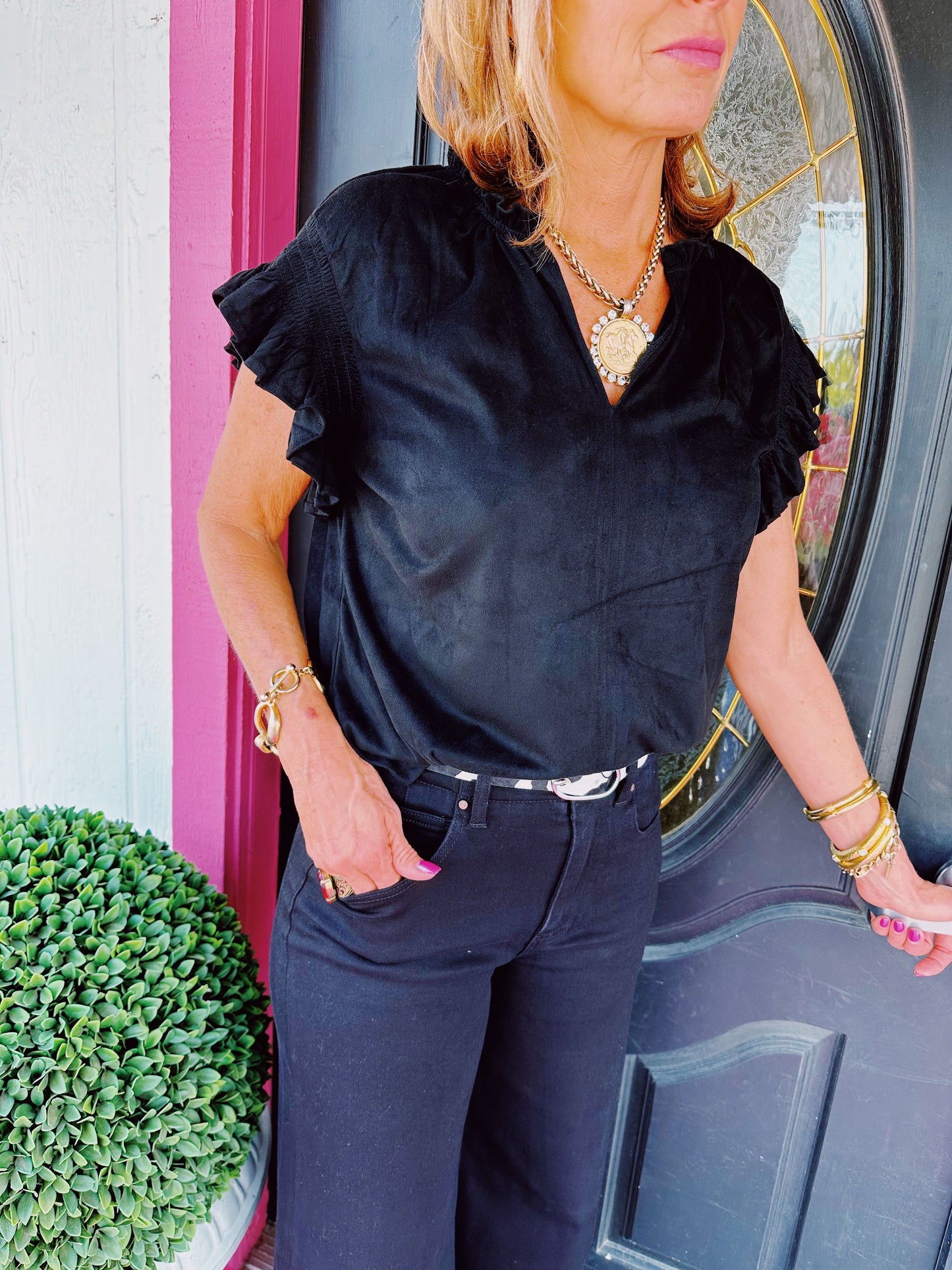 Black Nicola Ruffle Suede Top