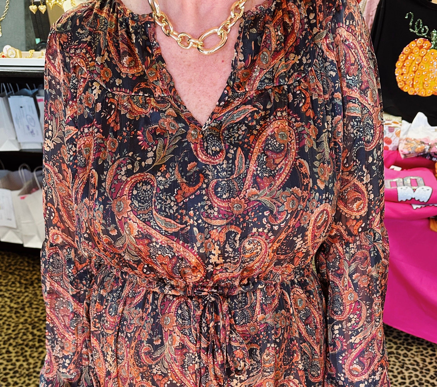 Black Paisley LS Midaxi Dress