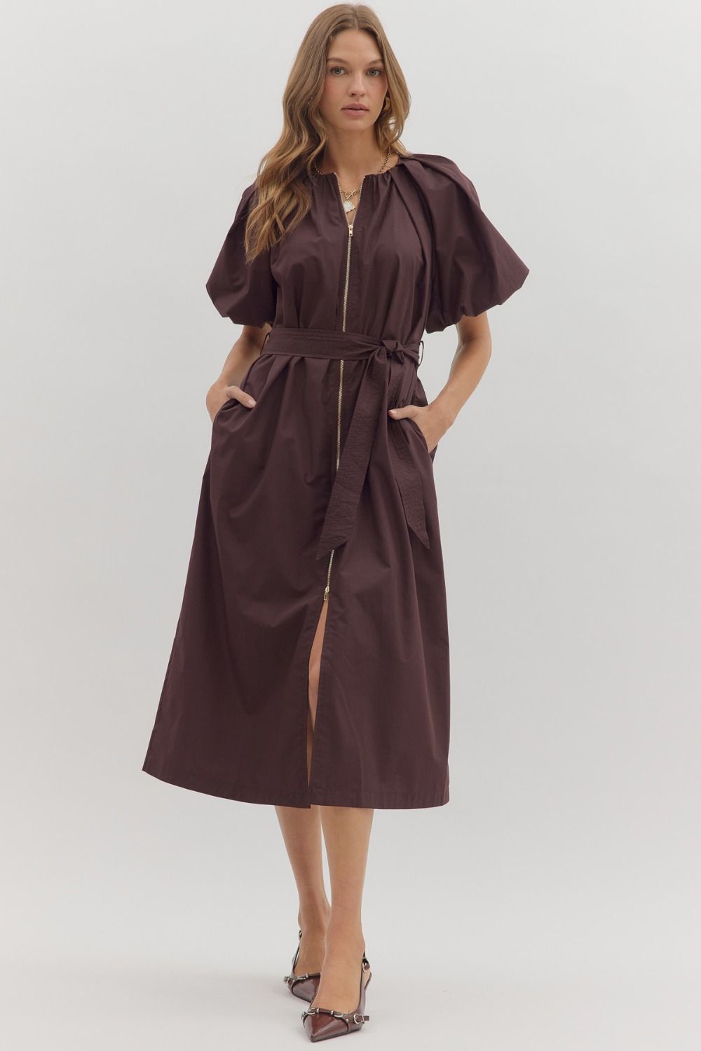 Puff Sleeve Front Zip Midi Dress