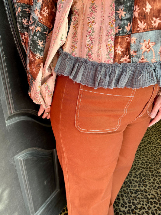 Chestnut White Stitch Detail Pant