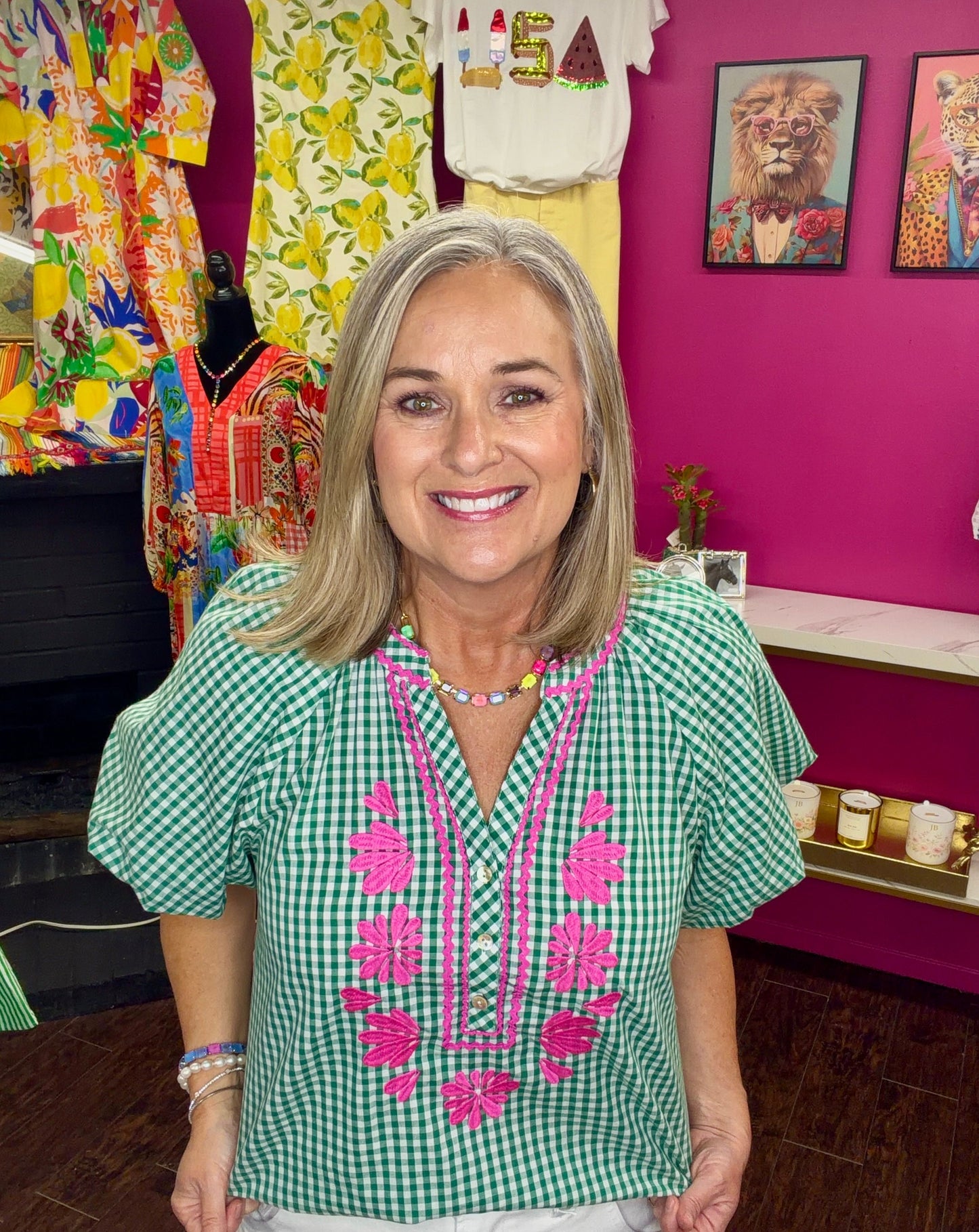 Green Gingham Top w/Pink Emb
