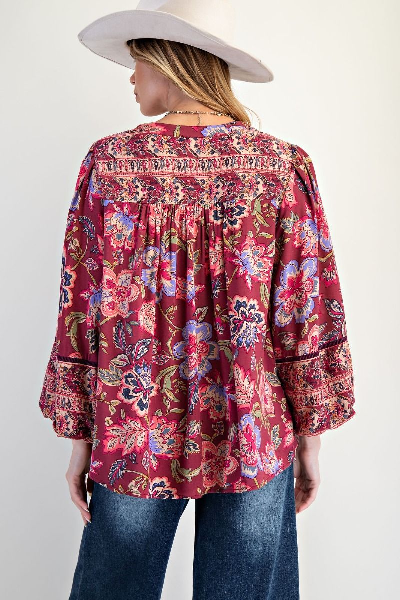 Red Bean Foral Bubble Slv Top