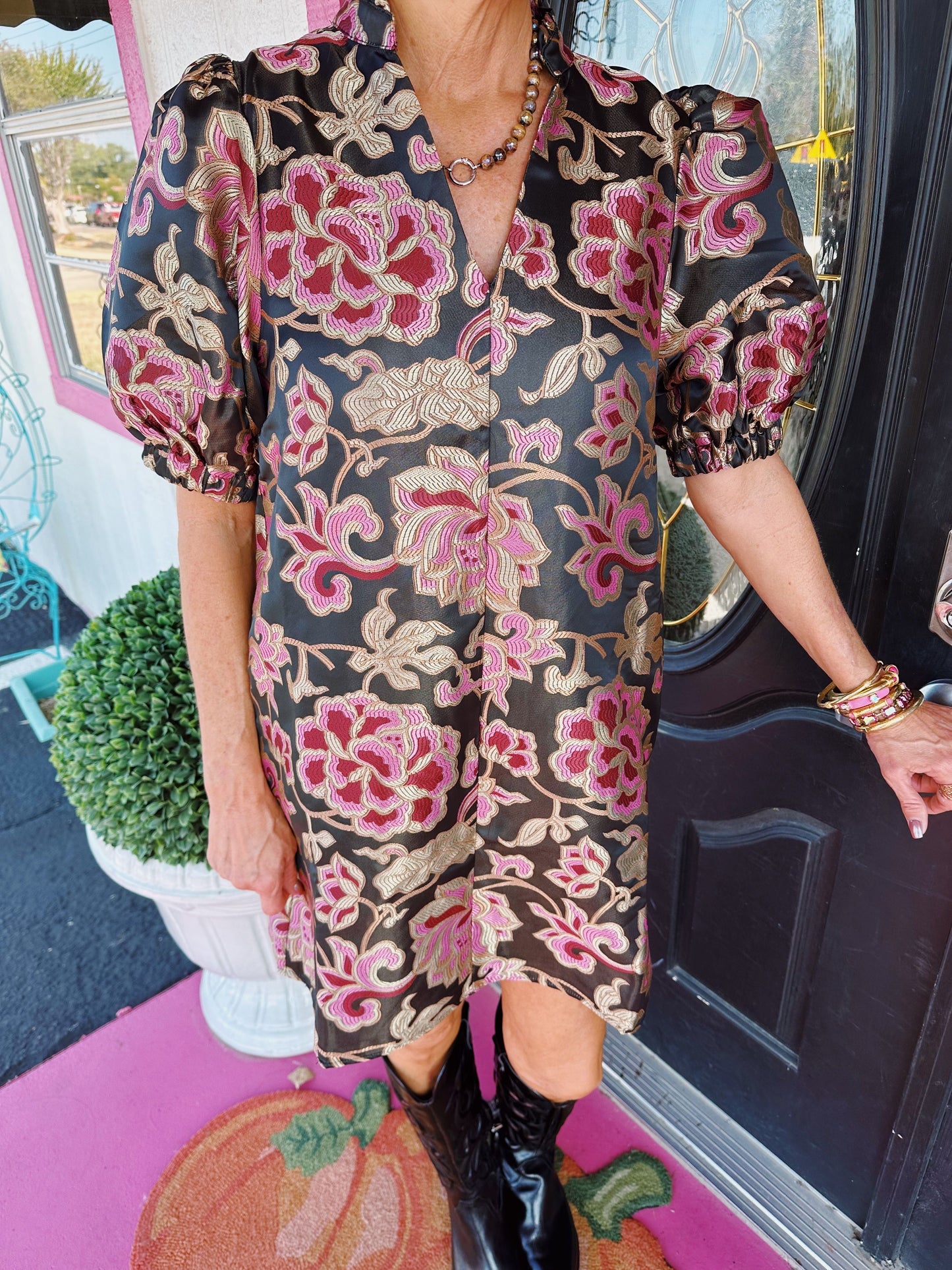 Black Puff Floral Pattern Dress