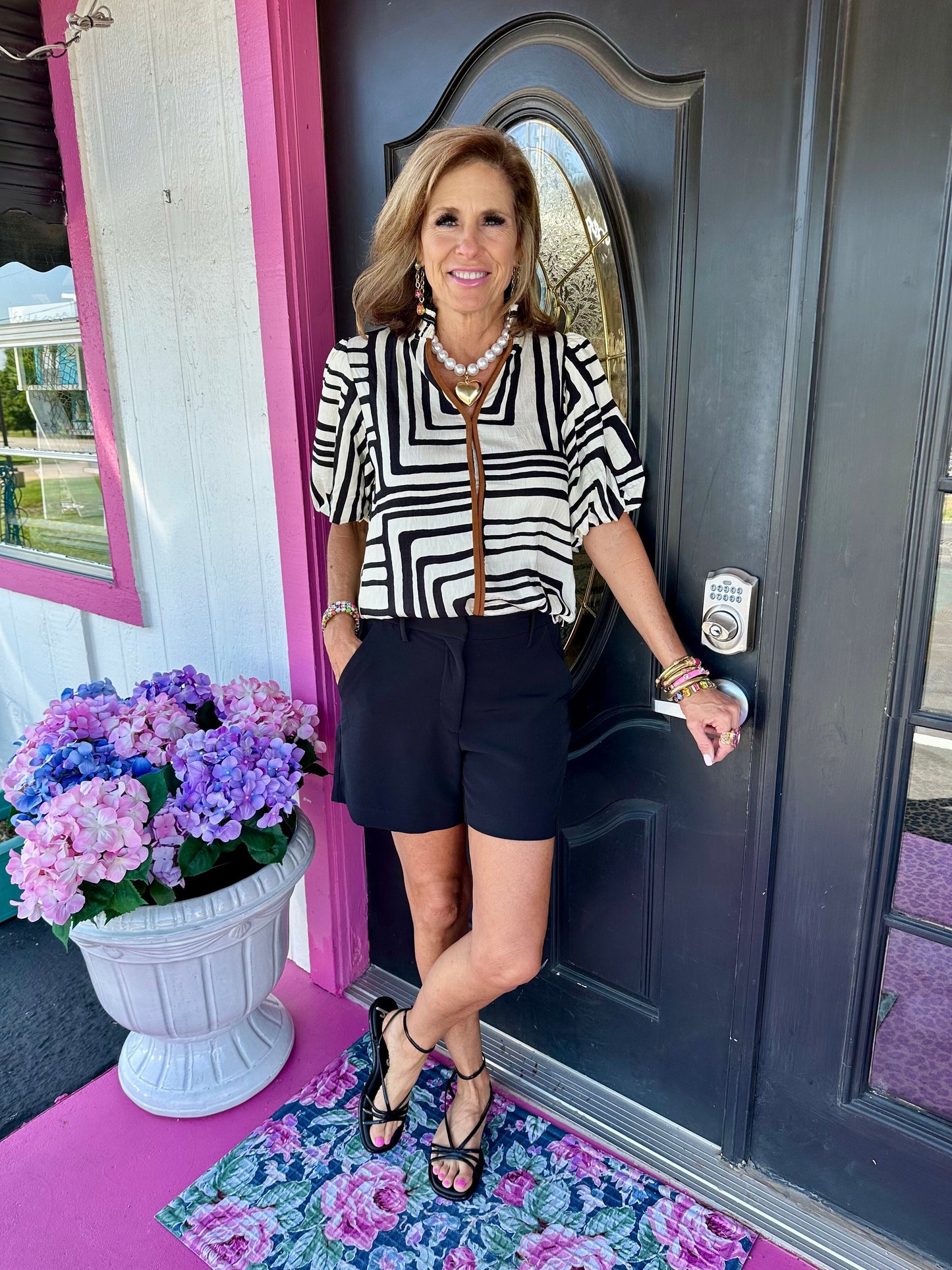 Cream Black Brown Trim Puff Top