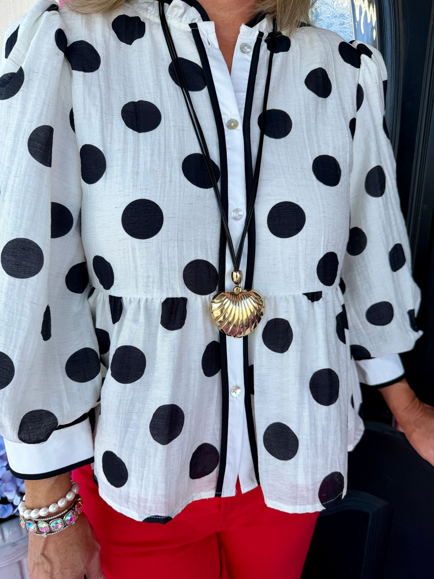 White & Black Polka Dot LS Top