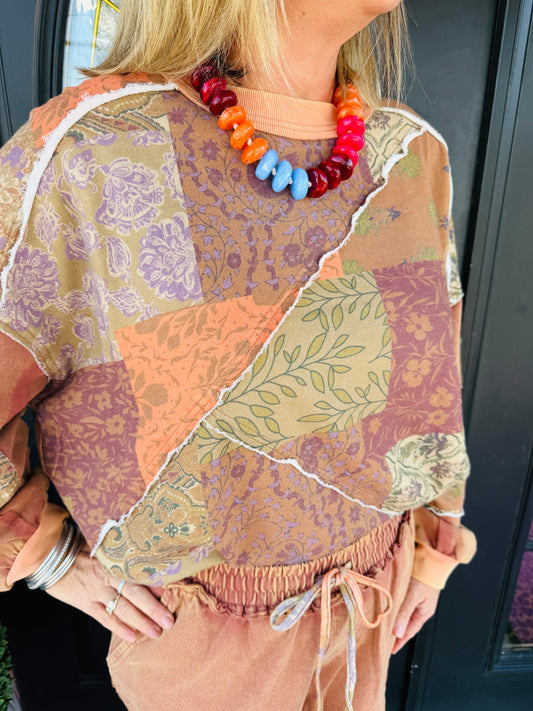 Mocha LS Fall Patchwork Top