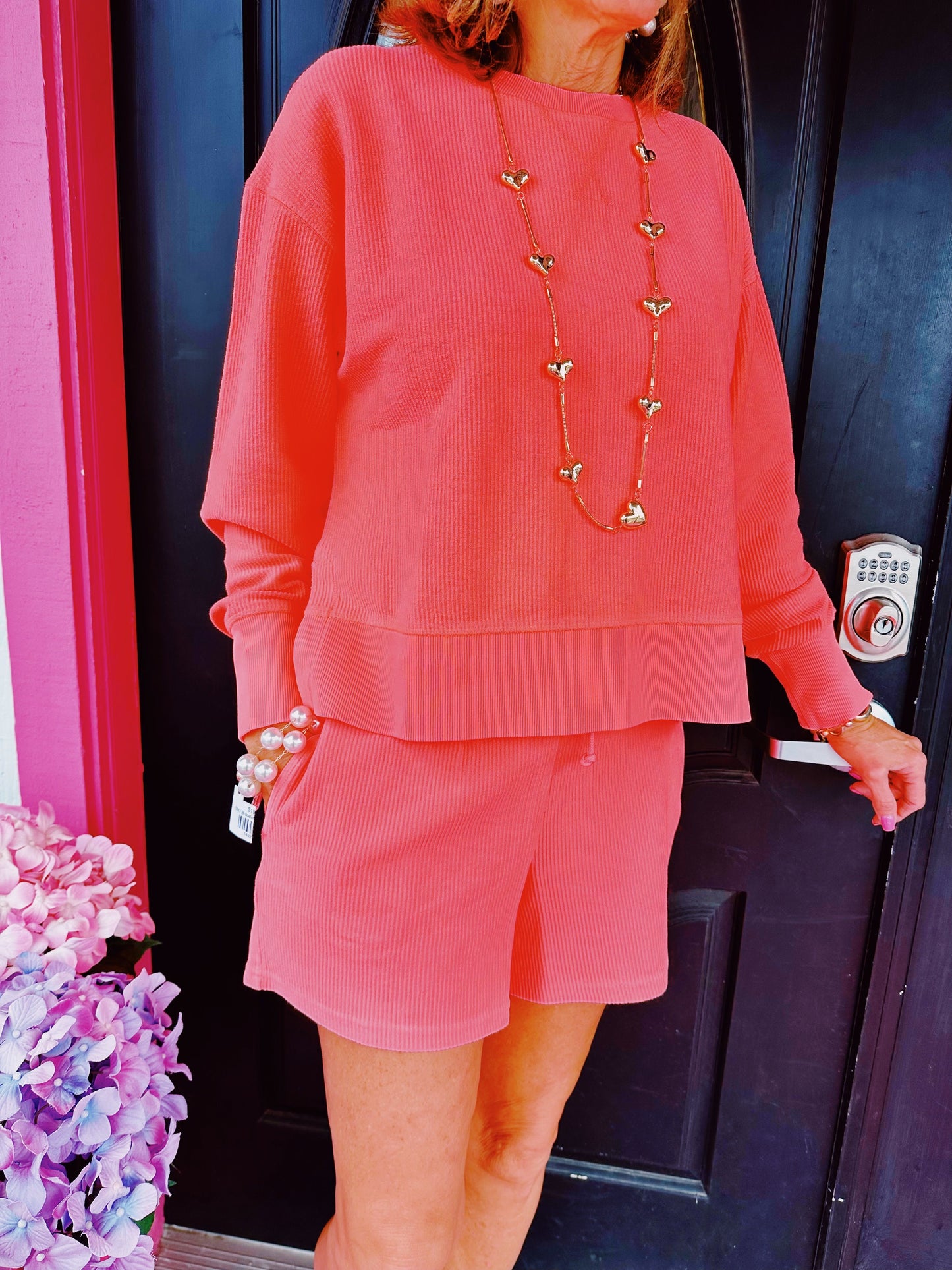 Neon Coral LS Slit Crew Top