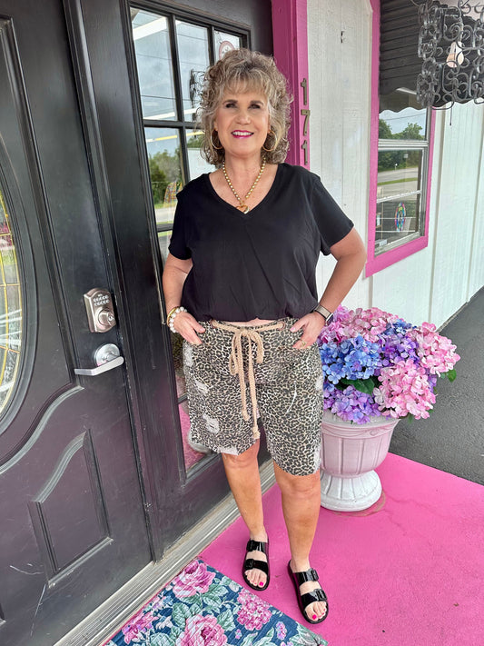 Washed Distressed Leopard Shorts