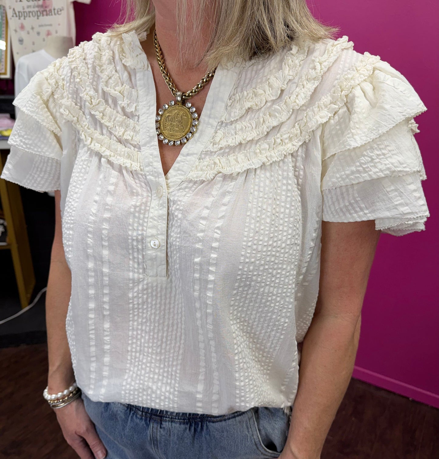 Cream Flutter Ruffled V-Neck Top