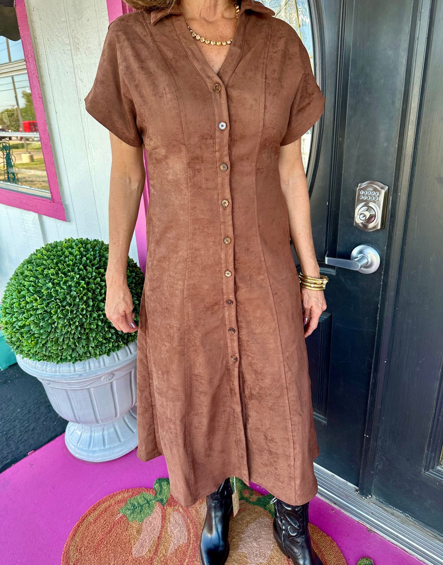 Brown SS Suede Long Dress