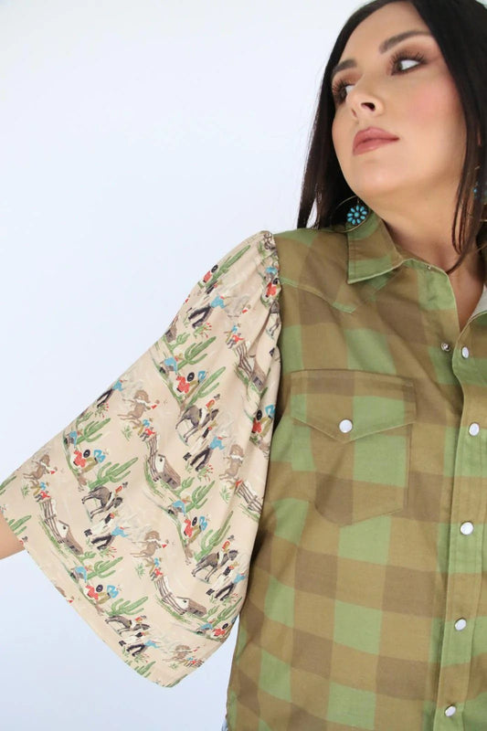 Green Gingham Western Top