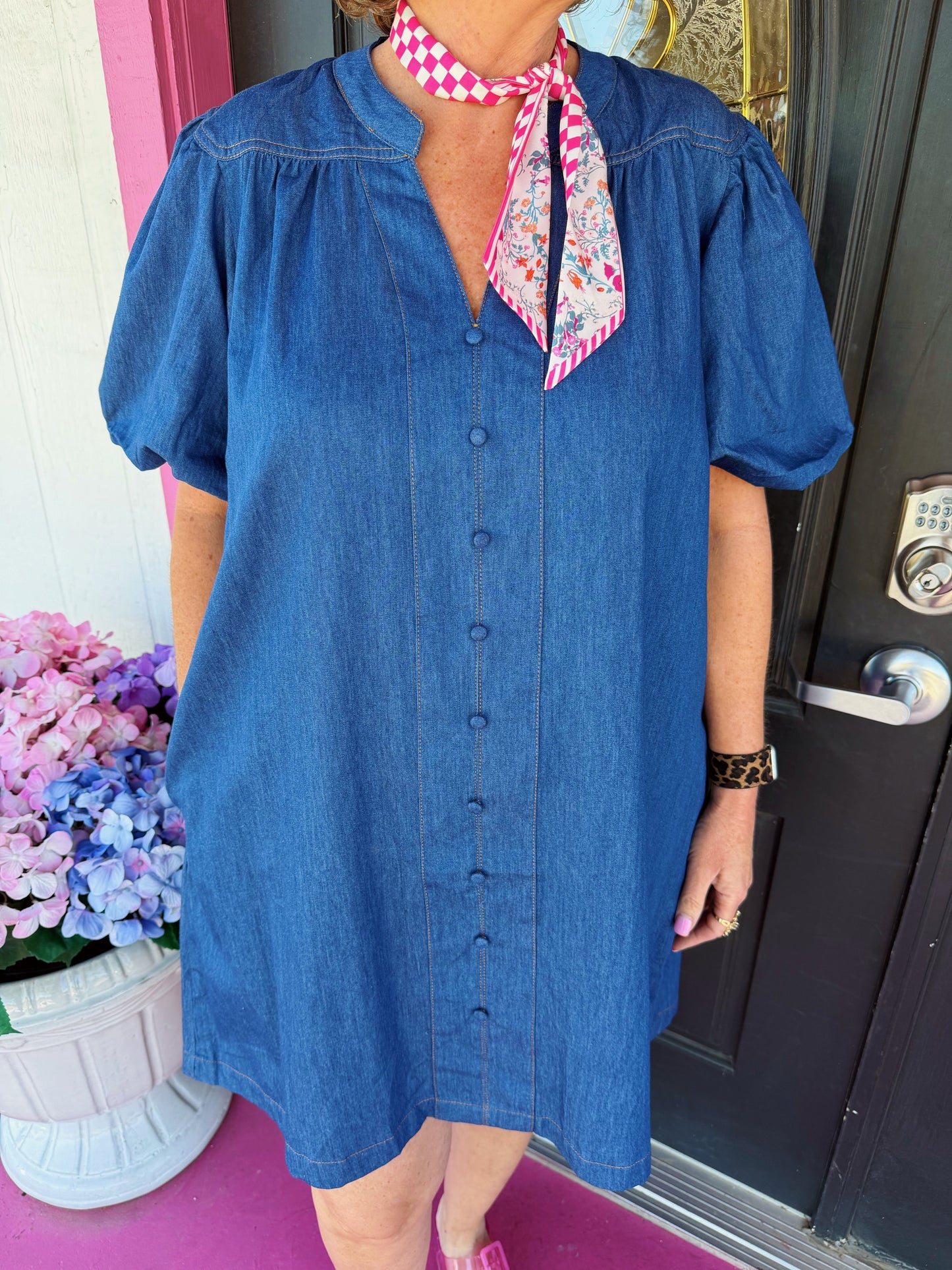 Denim Button Puff Slv Mini Dress