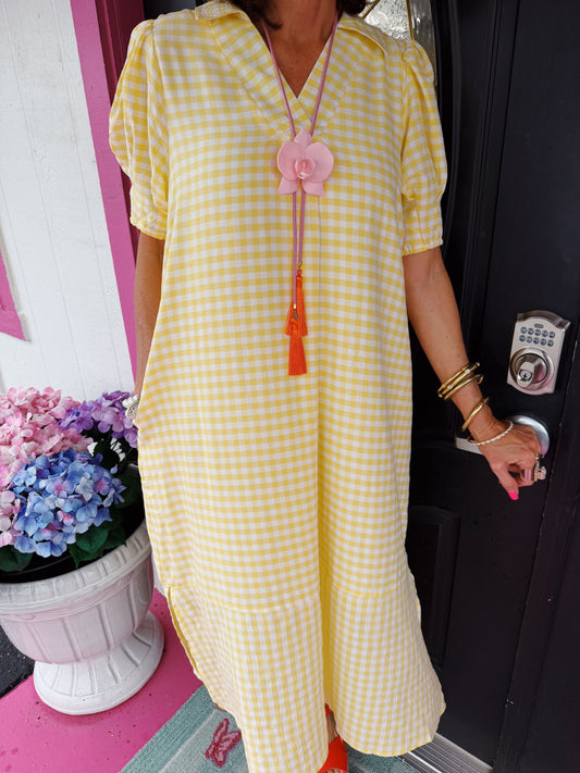 Yellow Gingham Midi Dress