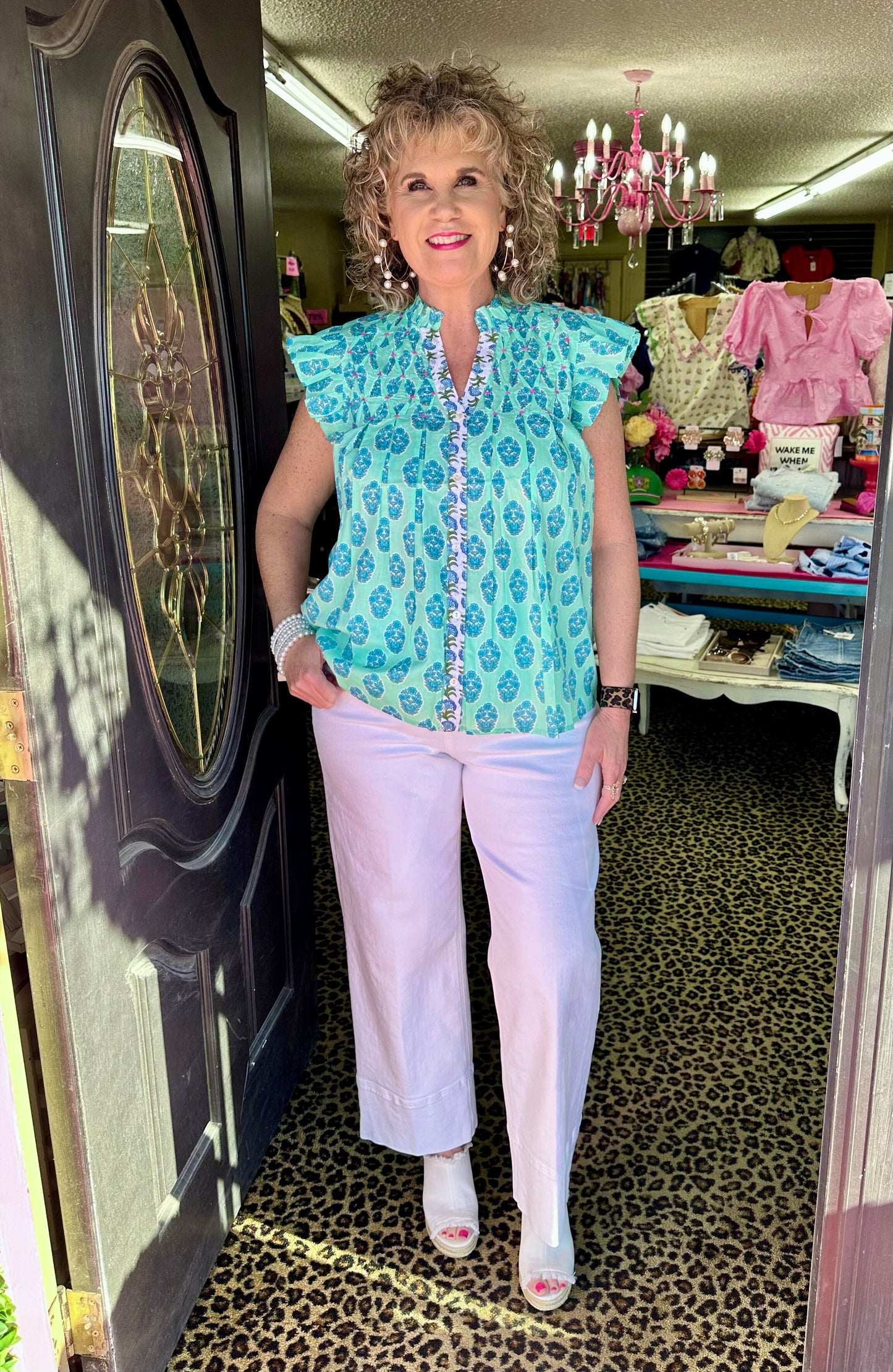 Aqua Button Up Flower SS Top