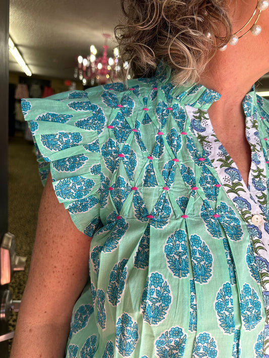 Aqua Button Up Flower SS Top